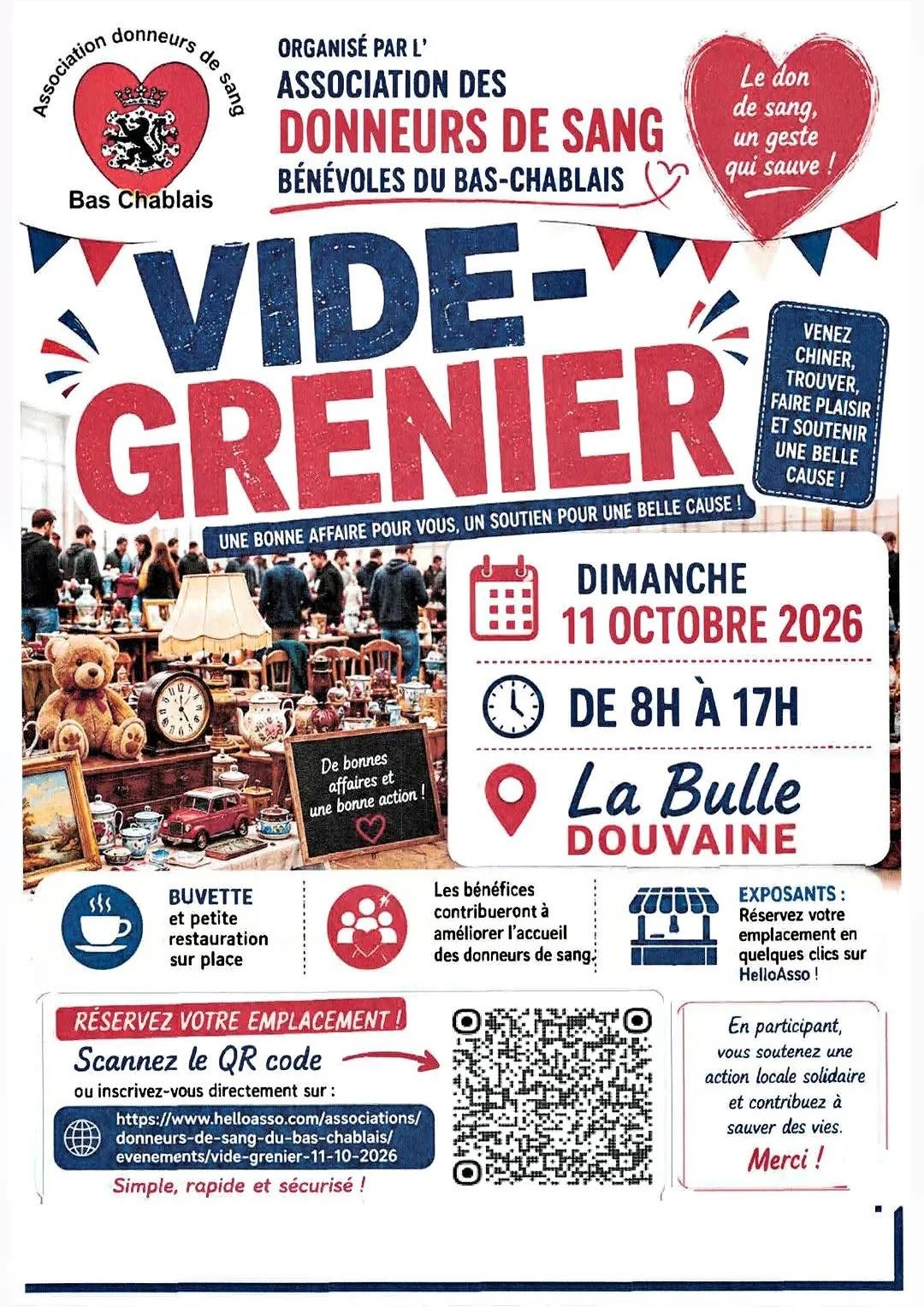 Affiche pour le vide grenier des donnurs de sang bénévoles du Bas-Chablais dimanche 11 octobre 2026 à la Bulle