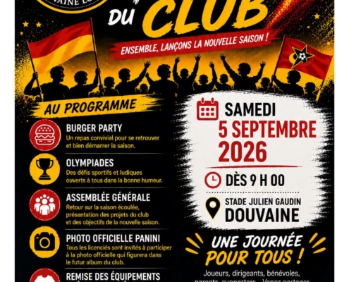 affiche pour la fête du club de foot de Douvaine le samedi 5 septembre 2026 dès 9h au Stade Julien Gaudin avec des animations toute la journée.