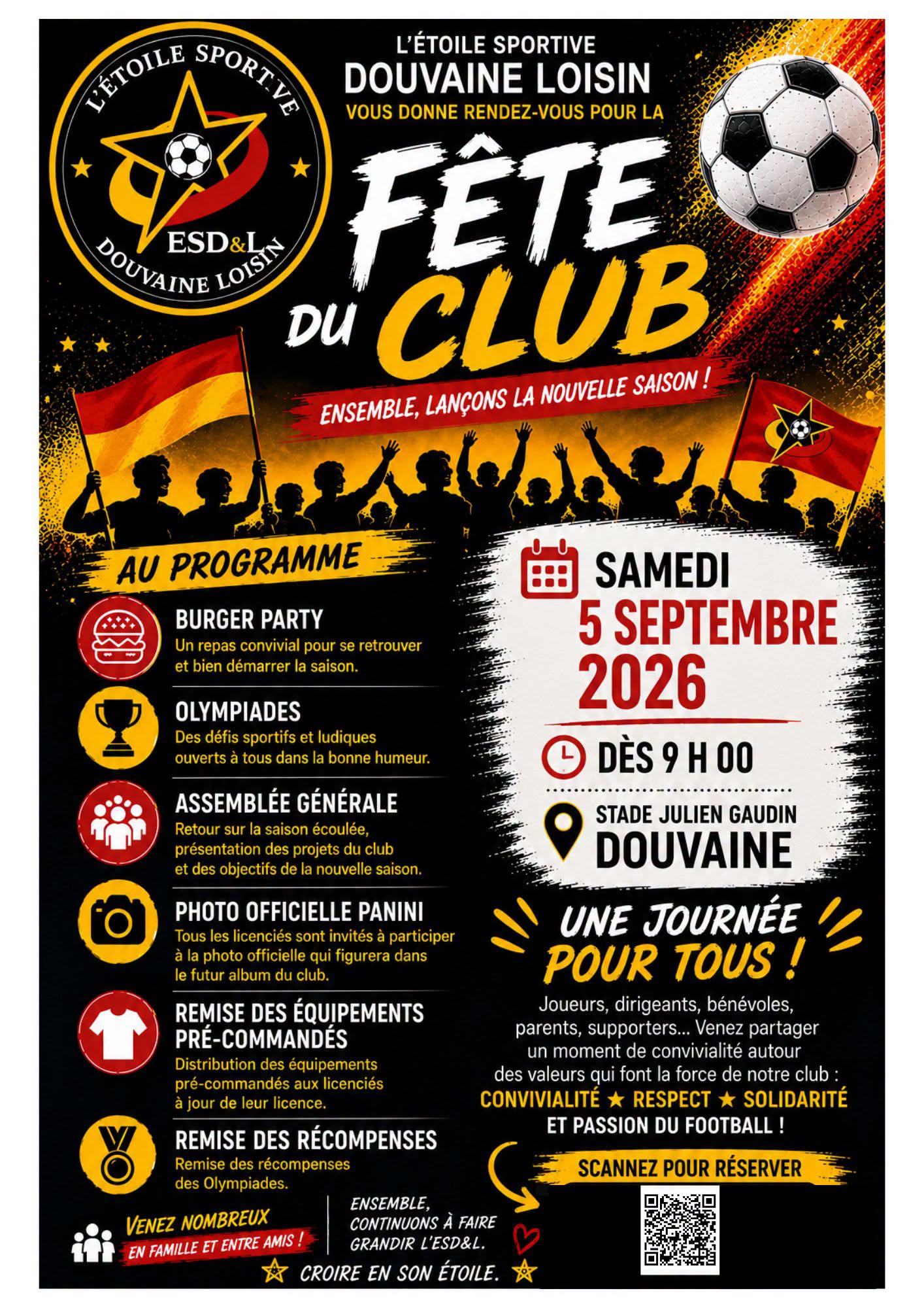 affiche pour la fête du club de foot de Douvaine le samedi 5 septembre 2026 dès 9h au Stade Julien Gaudin avec des animations toute la journée.