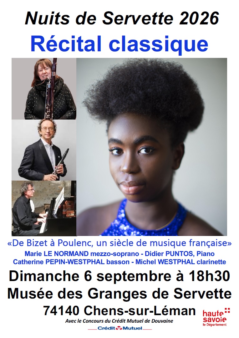 Affiche pour le récital classique aux Granges de Servettes le dimanche 6 septembre à 18h30 : "de Bizet à Poulenc, un siècle de musique française"