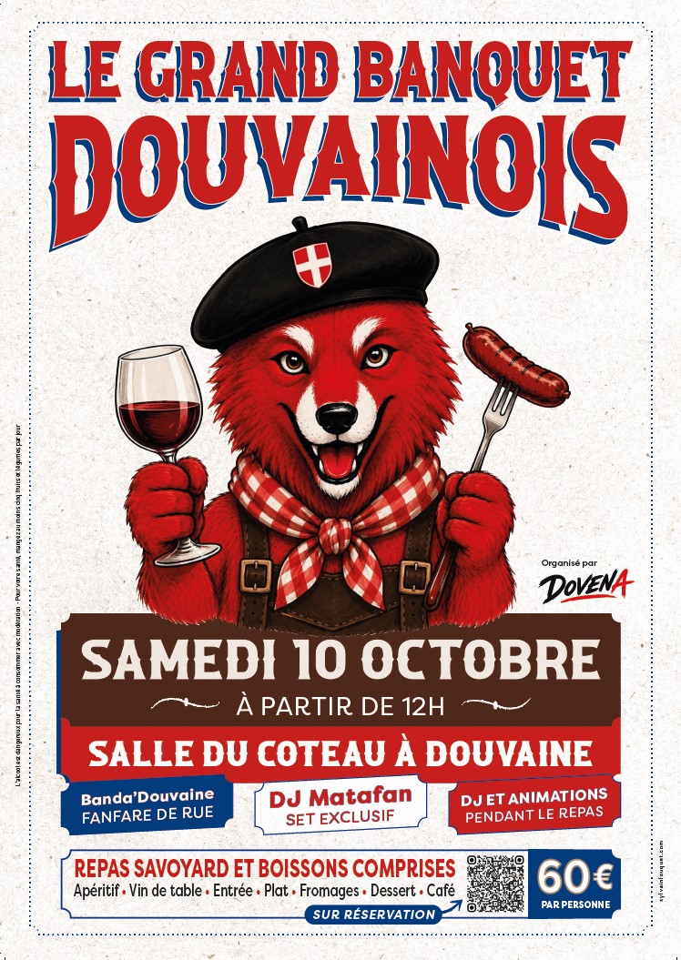 Grand Banquet Douvainois 10 oct 26 affiche pour le grand banquet douvainois du 10 octobre 12h à la salle coteau de Douvaine - animations DJ Matafan et Banda'Douvaine - repas savoyard + boissons : 60€