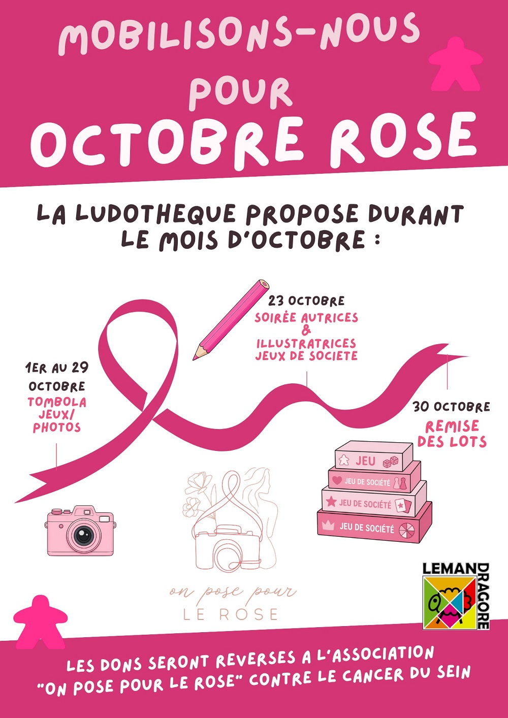 affiche pour octobre rose avec les animations de la ludothèque