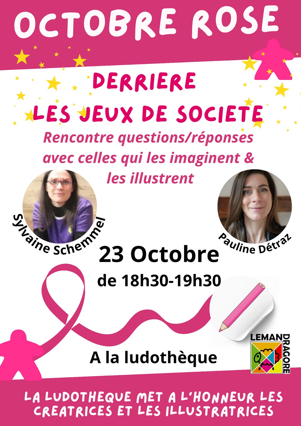 affiche pour la rencontre avec les créatrices et illustratrices de jeux de société, le 23 octobre de 18h30 à 19h30 à la ludothèque de Douvaine