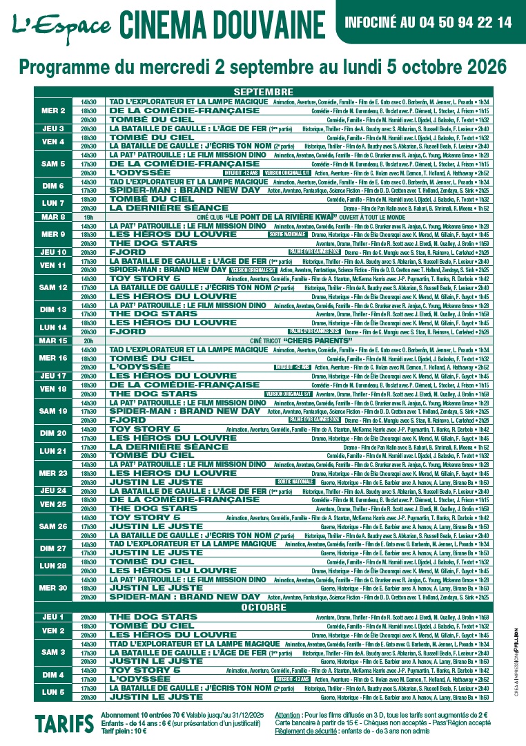 Programme de l'Espace Cinéma du 2 septembre au 5 octobre 2026. Info 04 50 94 22 14