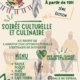 Affiche de l'association entre-aide pour la 2eme soirée culturelle et culinaire du samedi 19 septembre 2026 à partir de 19h. Tarif 25€ ; menu : Yassa poulet, Mafé, dessert, café touba, thé