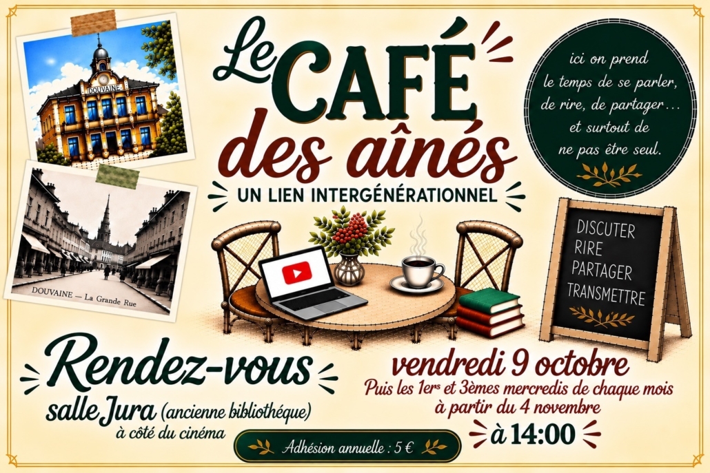 affiche pour la toute première rencontre du Café des Aînés Vendredi 09 octobre 2026 à partir de 14h à la Salle Jura – Douvaine (ancienne bibliothèque, à côté du cinéma) Ouvert à tous !
