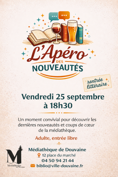 affiche de l'apéro des nouveautés du 25 septembre 2026 à 18h30 à la Médiathèque