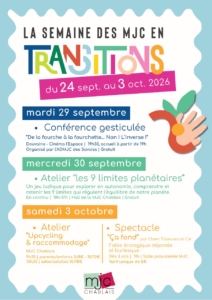 semaine des mjc en transitions du 24 septembre au 03 octobre 2026. le 29/09 conférence gesticulé de la fourche à la fourchette cinéma l'espace à19h30.le 30/09/2026 atelier les 9 limites planétaires hall MJC chablais 10hà 17h.le 03/10/2026 atelier upcycling et raccommodage 9h30 et spectacle ça fond à11h salle polyvalente MJC