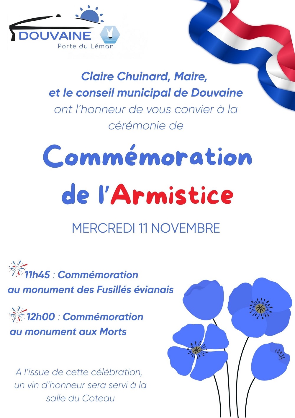 Invitation de Madame le Maire à la cérémonie du 11 novembre 2026, à 11h45 au Monument des fusillés évianais et 12h au monument aux morts