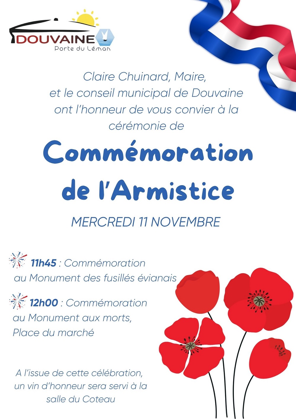 Invitation de Madame le Maire à la cérémonie du 11 novembre 2026, à 11h45 au Monument des fusillés évianais et 12h au monument aux morts