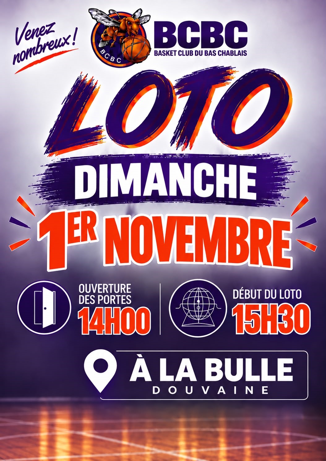 Affiche pour le loto du BCBC dimanche 1er novembre à la Bulle. Ouverturedes portes 14h, début loto 15h30