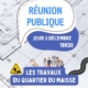 Affiche pour la réunion publique du 3 décembre 2026 à la salle Coteau - EAC Douvaine sur le travaux dans le quartier du Maisse en vu du futur Lysée