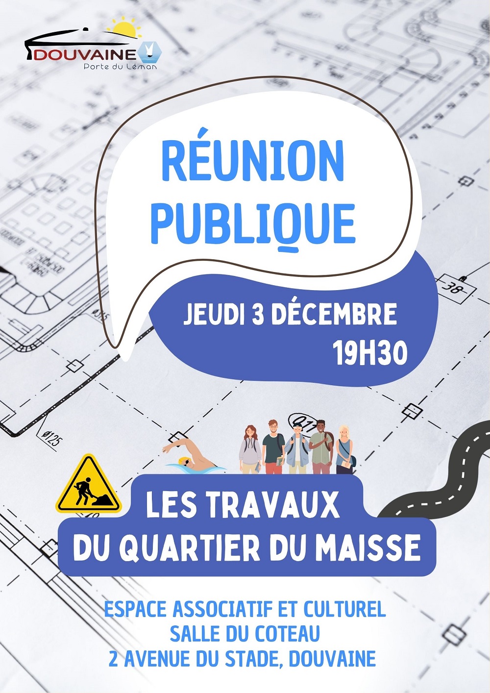 Affiche pour la réunion publique du 3 décembre 2026 à la salle Coteau - EAC Douvaine sur le travaux dans le quartier du Maisse en vu du futur Lysée