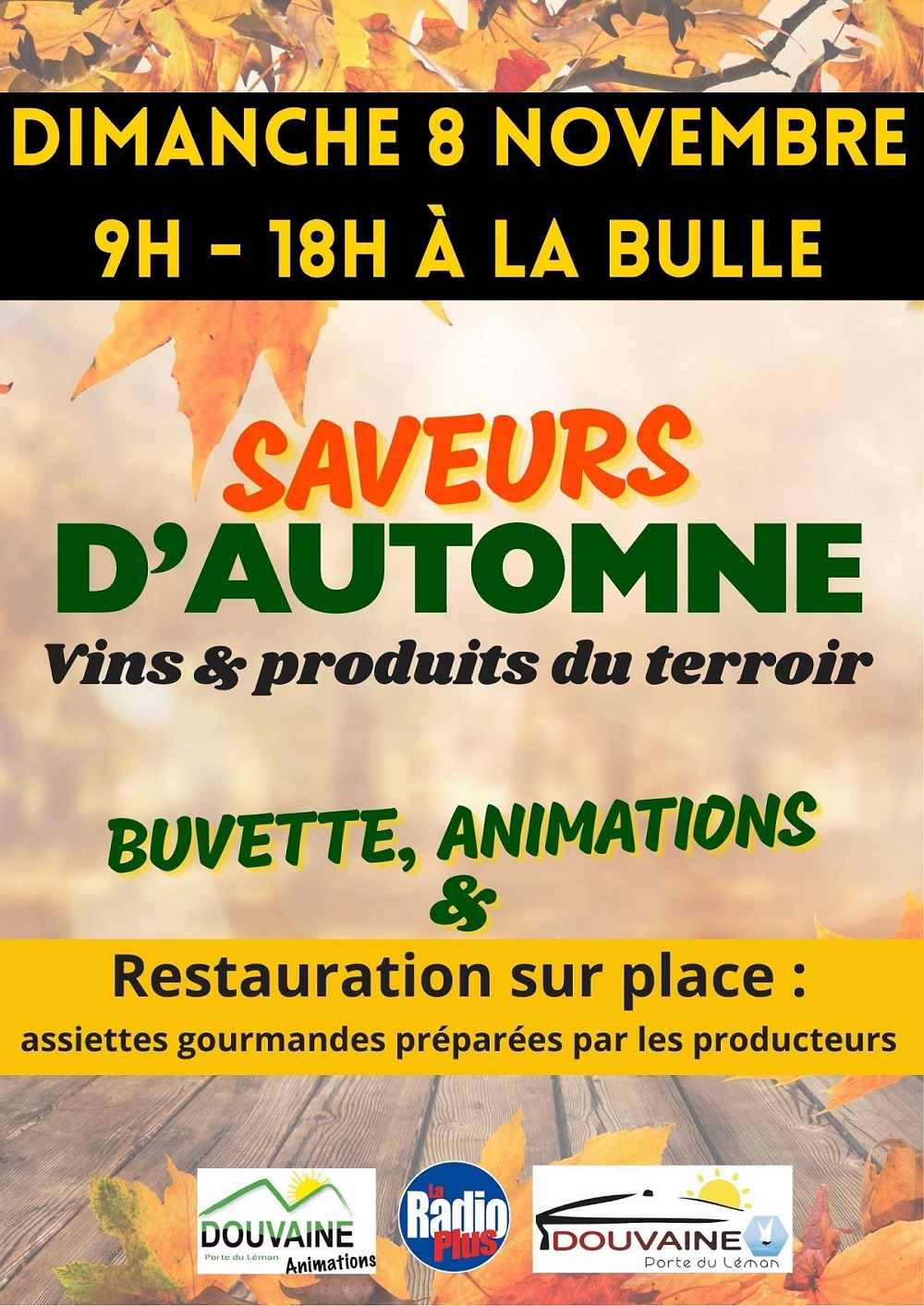 Affiche pour l'événement Saveurs d'Automne le dimanche 8 novembre 2026 de 9h à 18h à la Bulle de Douvaine. Exposants en vins et produits du terroir - Animations repas de midi et buvette.