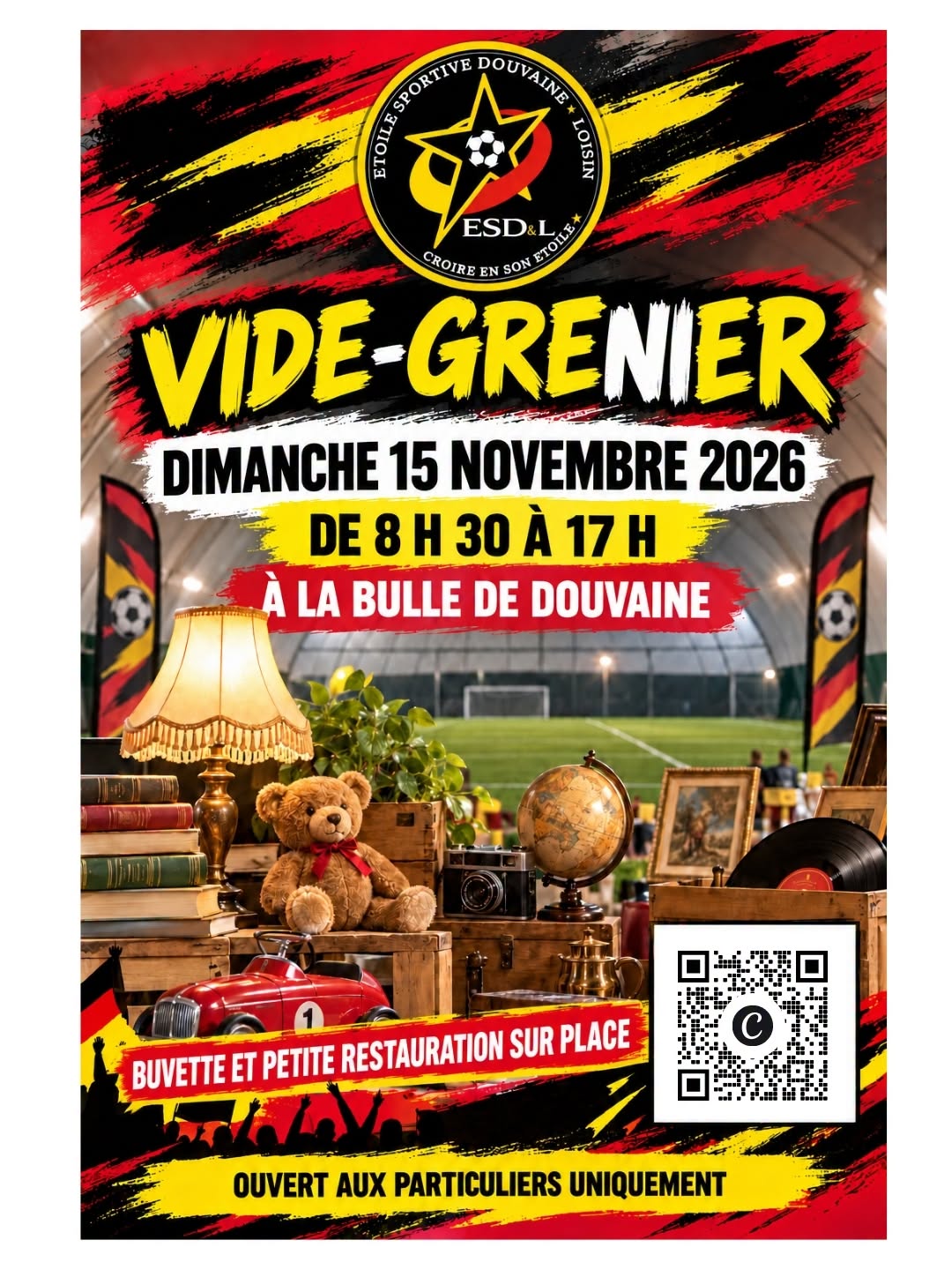 Affiche pour le vide-grenier du foot du dimanche 15 novembre 2026 à la Bulle de 8h30 à 17h