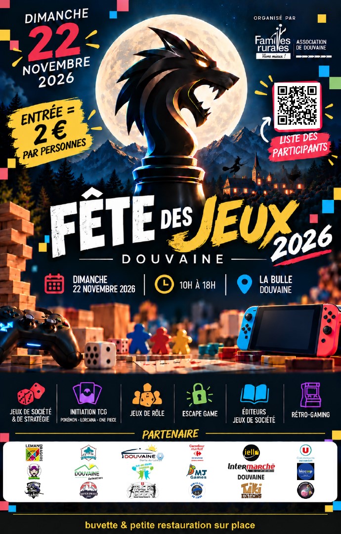 fete des jeux 22 nov 26 Affiche pour la fête des jeux du dimanche 22 novembre 2026 de 10h à 18h à la Bulle. entrée 2€